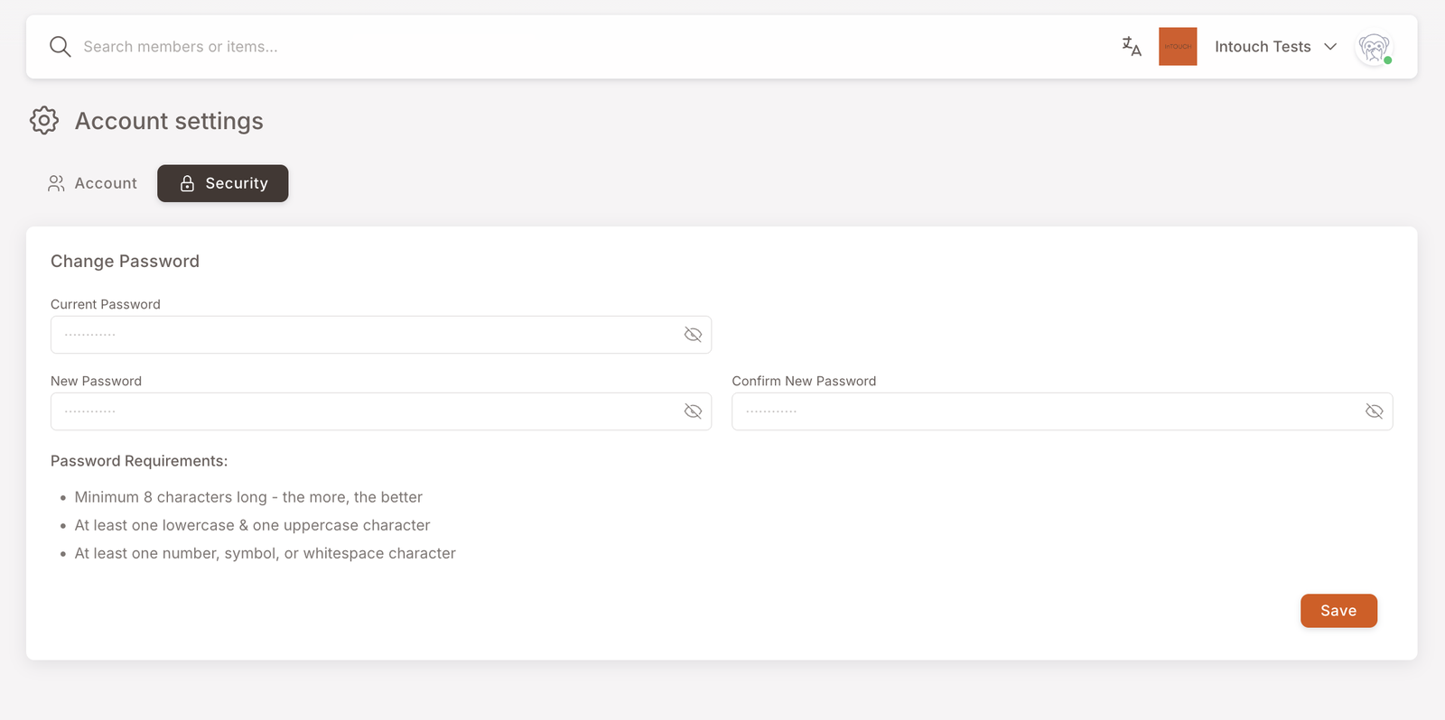 Account settings page, Security tab selected. Change Password section with three input fields (Current Password, New Password, Confirm New Password) and a Password Requirements bullet list (Minimum 8 characters, At least one lowercase & uppercase, At least one number/symbol/whitespace). Save button bottom-right.