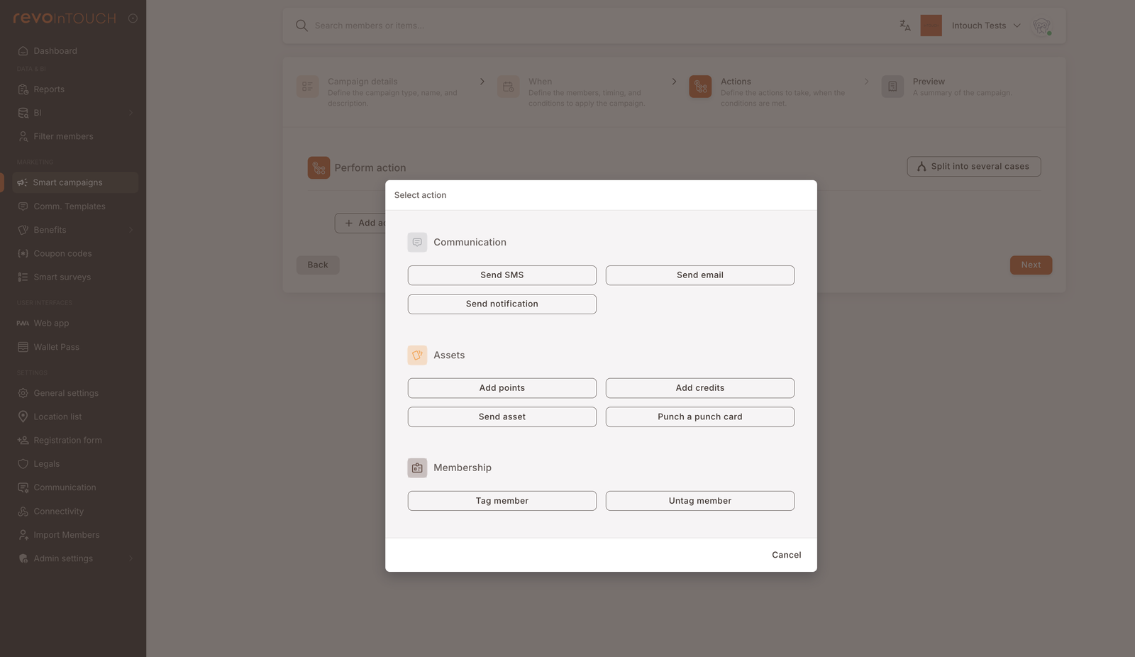 Step 3 "Select action" modal with all nine actions grouped under Communication (Send SMS, Send email, Send notification), Assets (Add points, Add credits, Send asset, Punch a punch card), and Membership (Tag member, Untag member)
