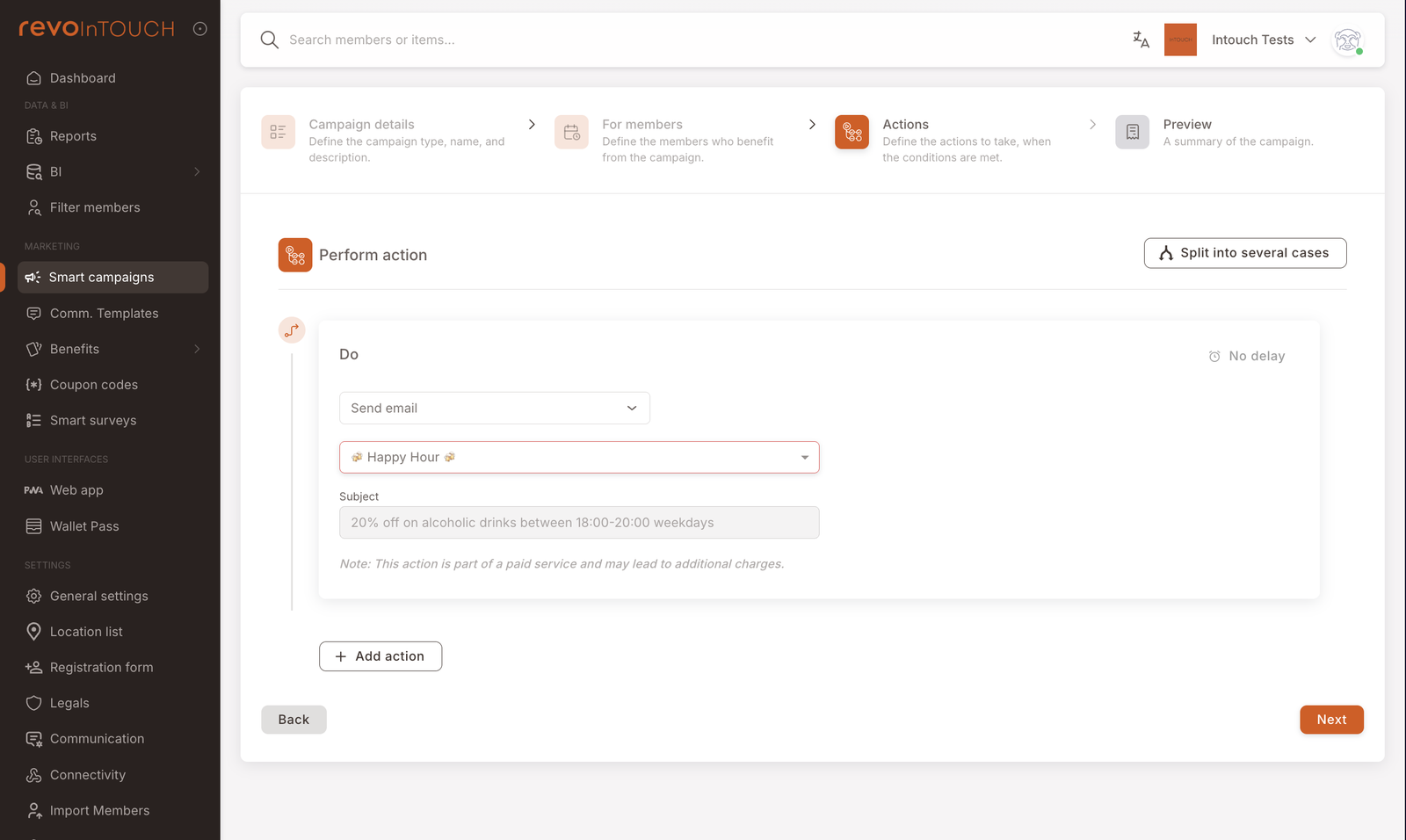 Step 3 — Actions with a single Send email action pointing at the Happy Hour template, subject sourced from the template