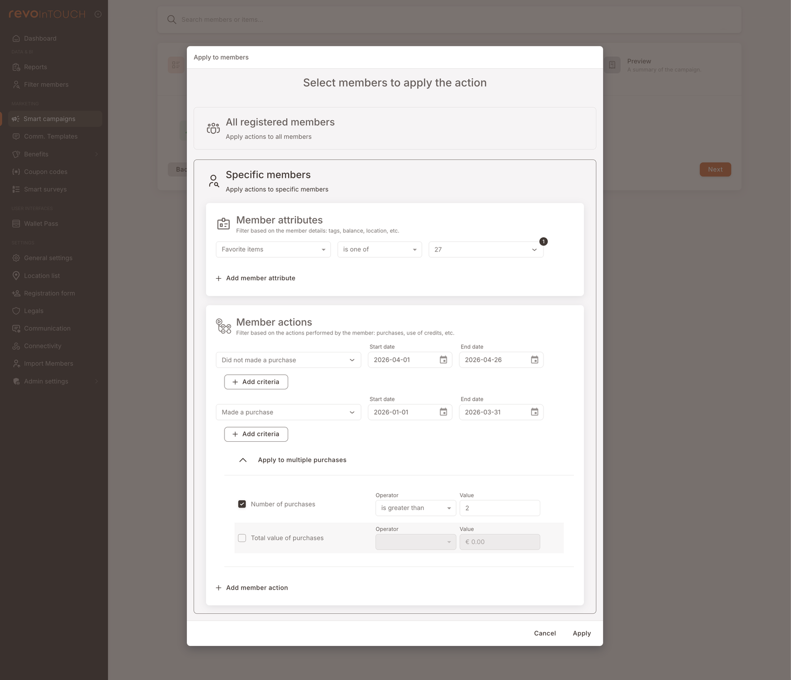 The Apply to members modal inside a Smart Campaign — the same filter UI as Filter members but inside a modal. "Select members to apply the action" header, All registered members vs Specific members radios, then the same Member attributes and Member actions sections (with Favorite items / is one of / 27 and Did not / Made a purchase rows visible). Cancel / Apply buttons.