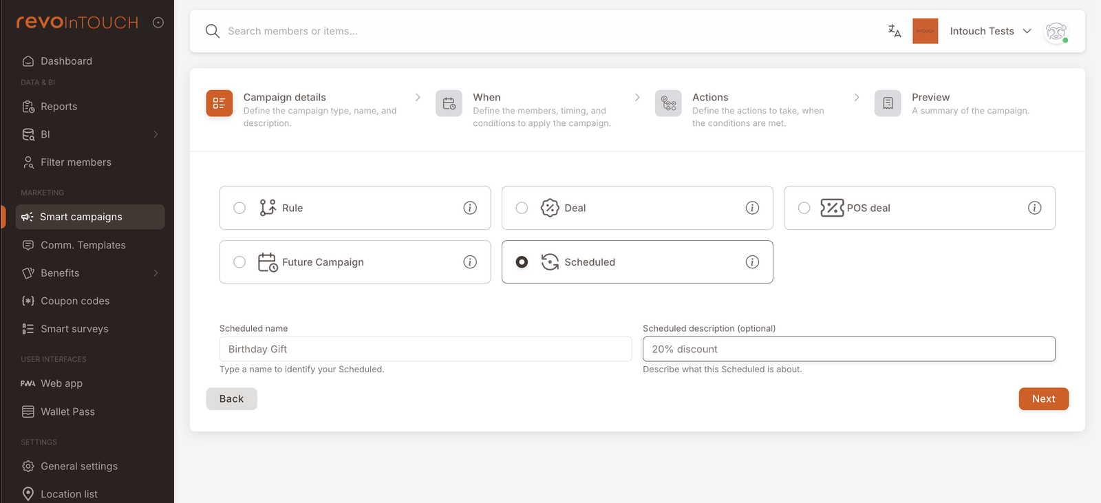 Step 1 — Campaign details with Scheduled selected and the name "Birthday Gift"
