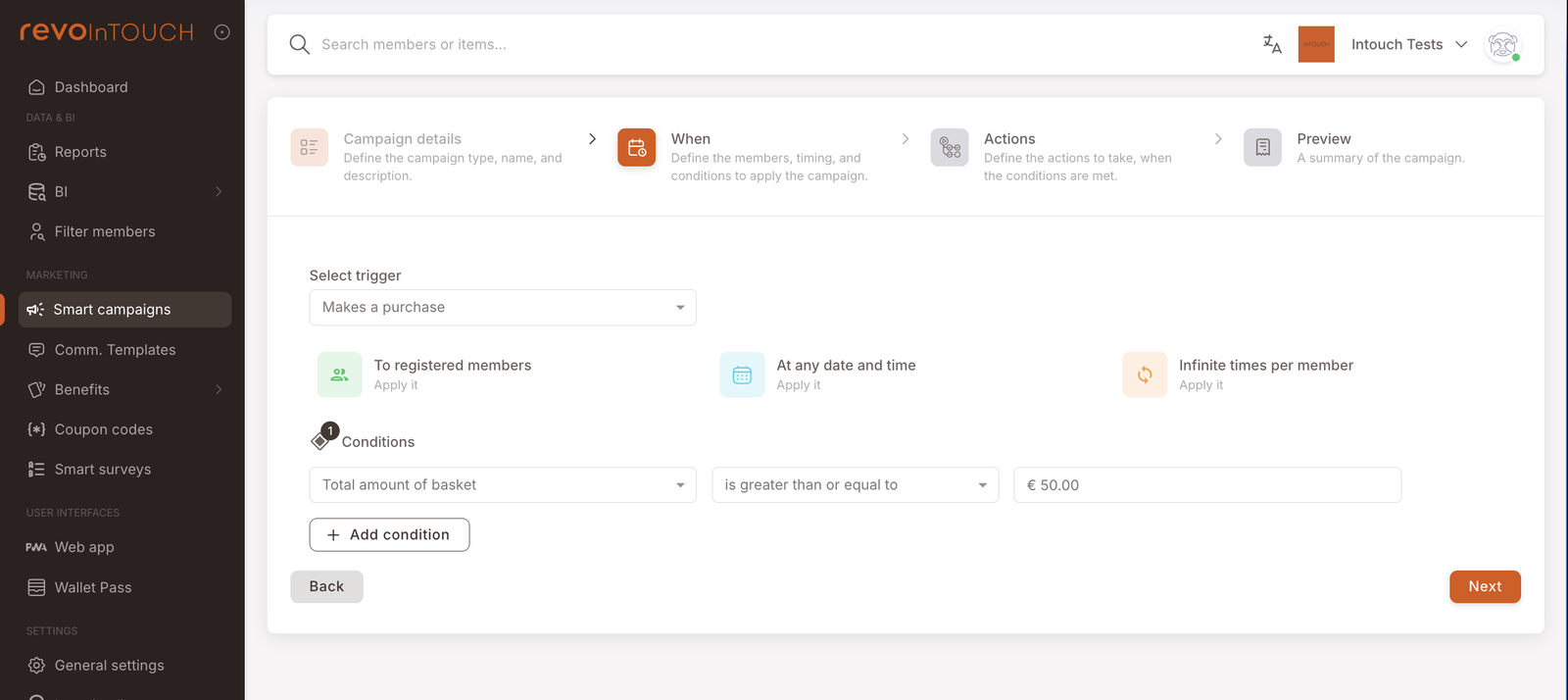 The Conditions section on step 2 with a single row: field "Total amount of basket", operator "is greater than or equal to", value "€ 50.00"