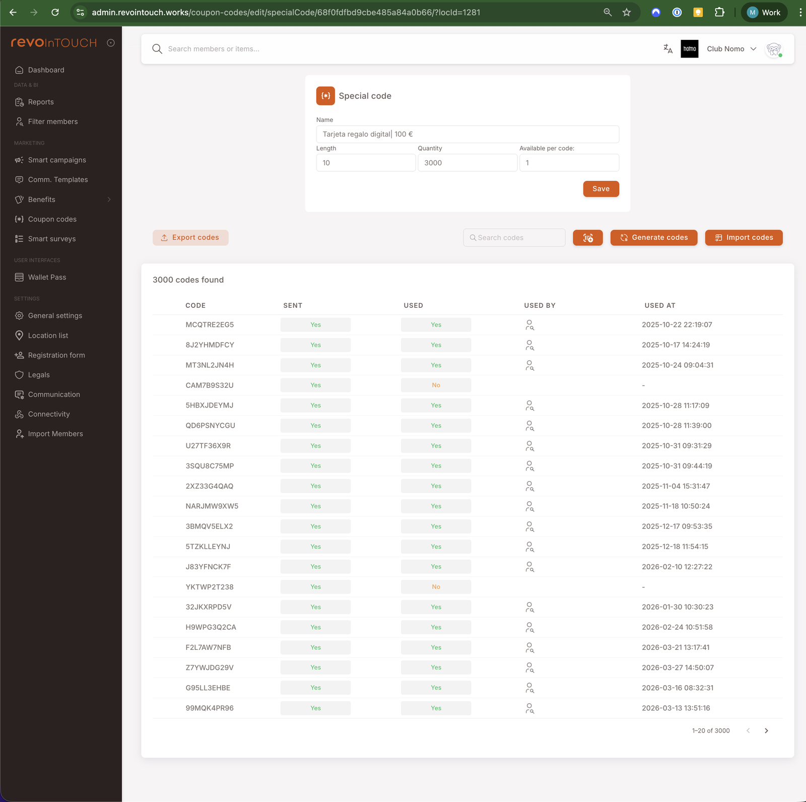 The detail view of one coupon-code record (Tarjeta regalo digital | 100 €). Top: a "Special code" form with Name, Length 10, Quantity 3000, Available per code 1, plus a Save button. Below: action buttons — Export codes (orange), Generate codes (orange), Import codes (orange). Below those: "3000 codes found" with a table — Code (e.g. WCQTRE2EOS, 6JZYHMEFCY, MTN9LZJM4H, …), Sent (Yes), Used (Yes / No), Used By (member icon), Used At (timestamp). Pagination at bottom: 1–25 of 3000.