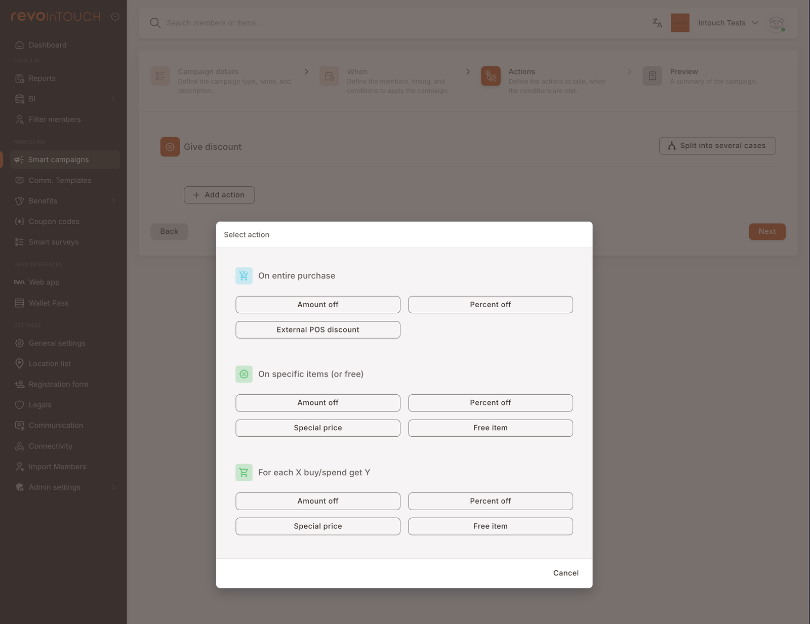 The Select action modal inside a Deal, showing the three discount families: On entire purchase; On specific items (or free); For each X buy/spend get Y