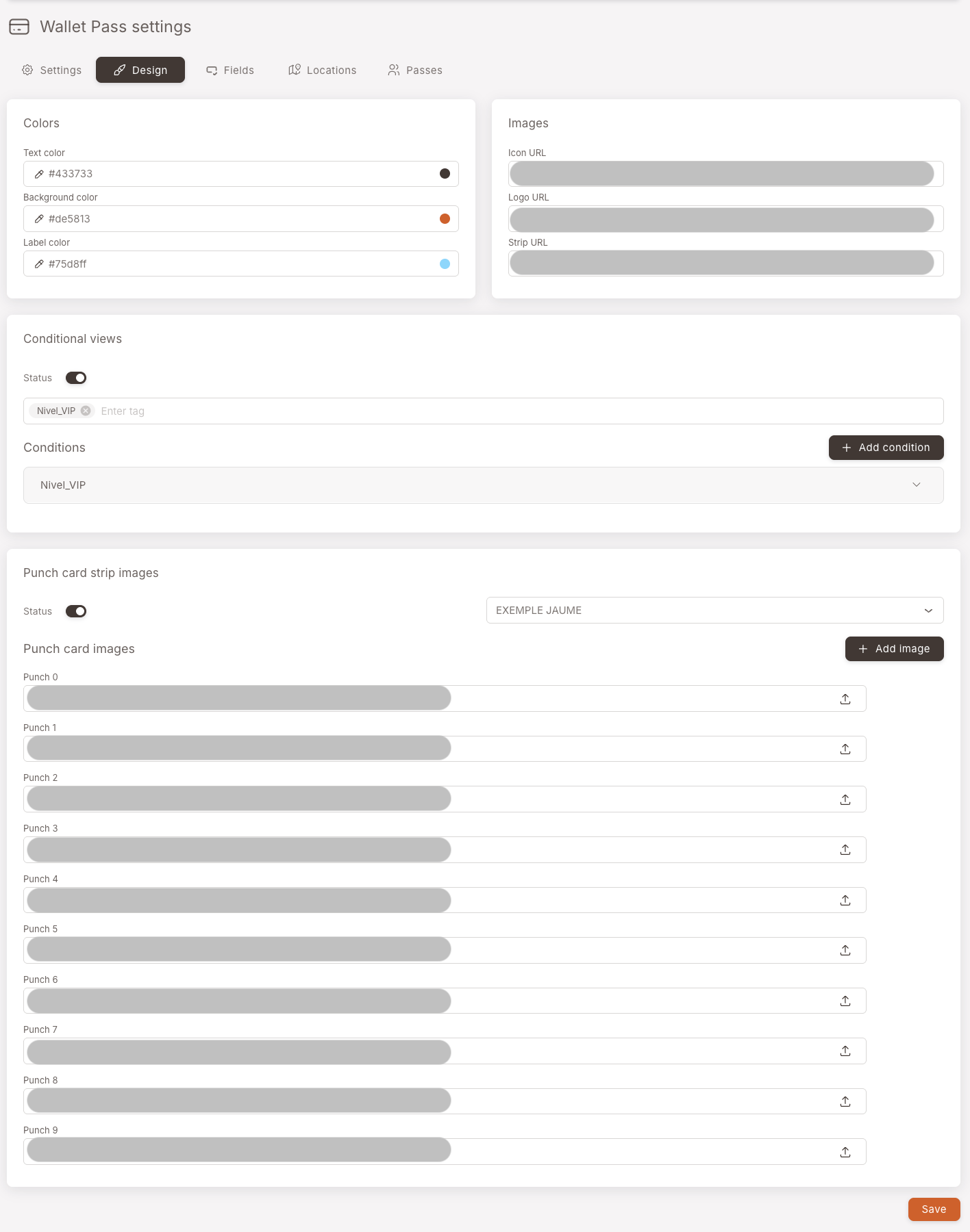 The Design tab — Colors panel (Text color, Background color, Label color), Images panel (Icon URL, Logo URL, Strip URL), Conditional views panel (Status on, Nivel_VIP tag configured), and a Punch card strip images panel
