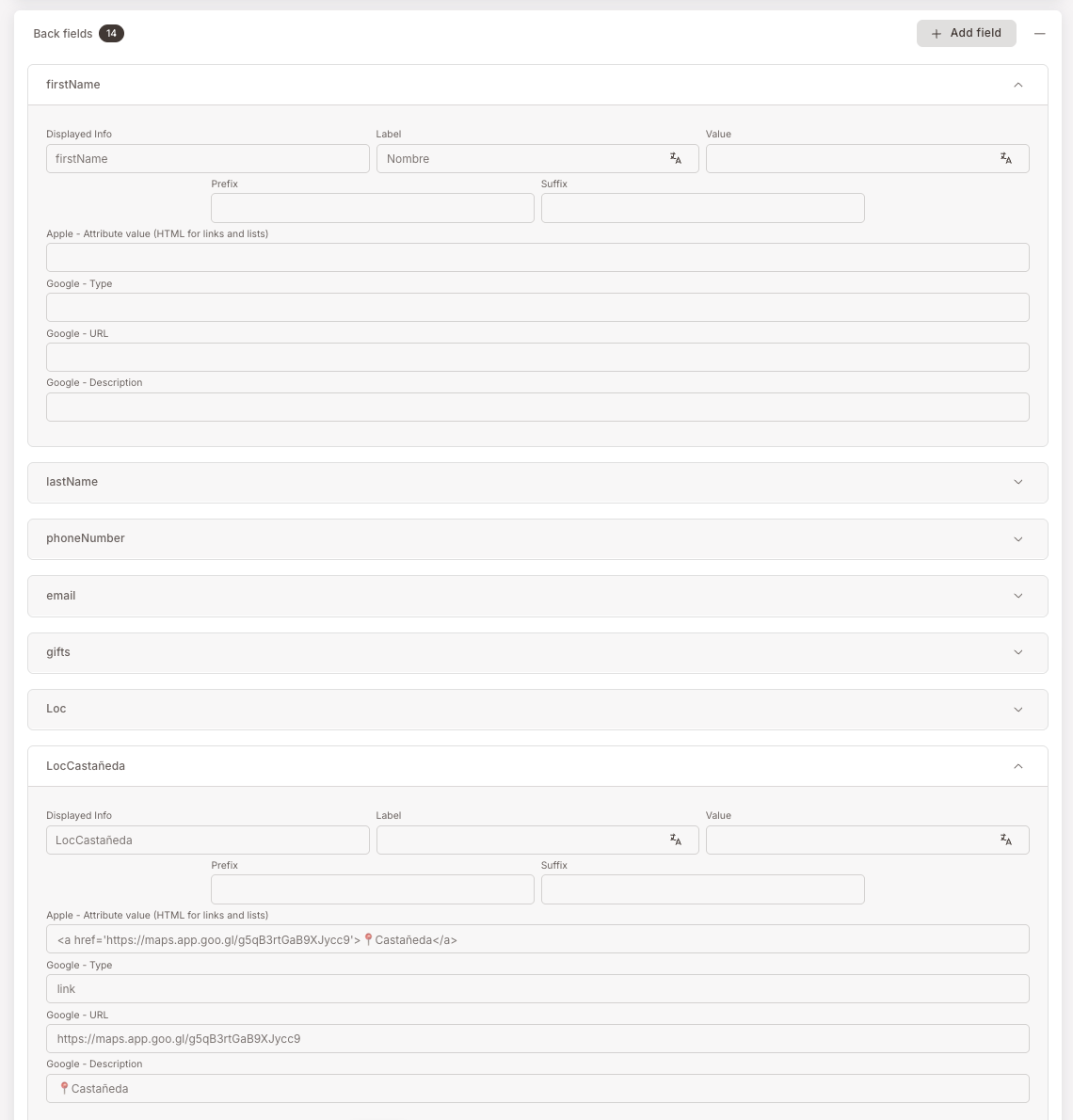 The LocCastañeda back field expanded — Apple attribute value containing an anchor tag pointing at Google Maps, and Google fields with type "link", a maps URL, and a Description