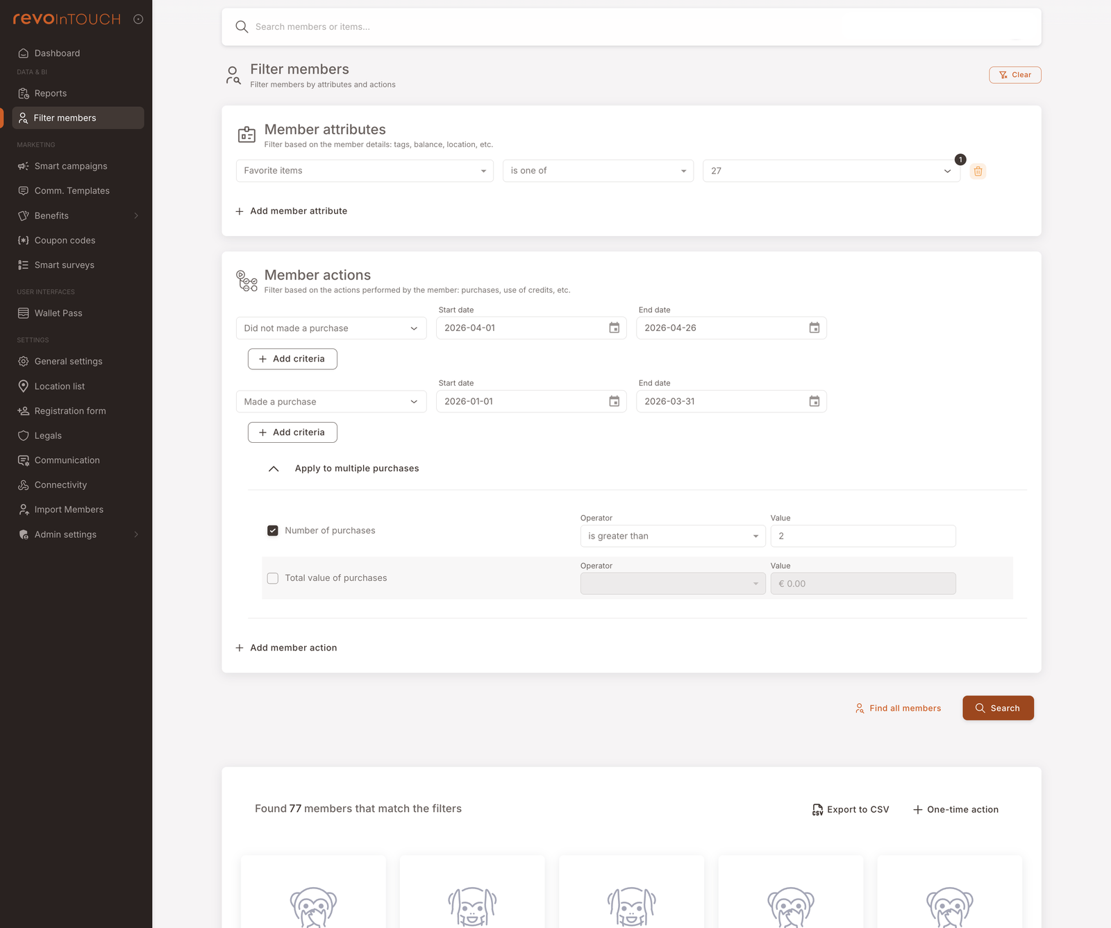 The Filter members surface with one Member attribute row (Favorite items / is one of / 27) and two Member actions rows: Did not made a purchase from 2026-04-01 to 2026-04-26, Made a purchase from 2026-01-01 to 2026-03-31. The Apply to multiple purchases collapsible is expanded showing Number of purchases is greater than 2 (checked) and Total value of purchases (unchecked). At the bottom right: "Find all members" and "Search" buttons.