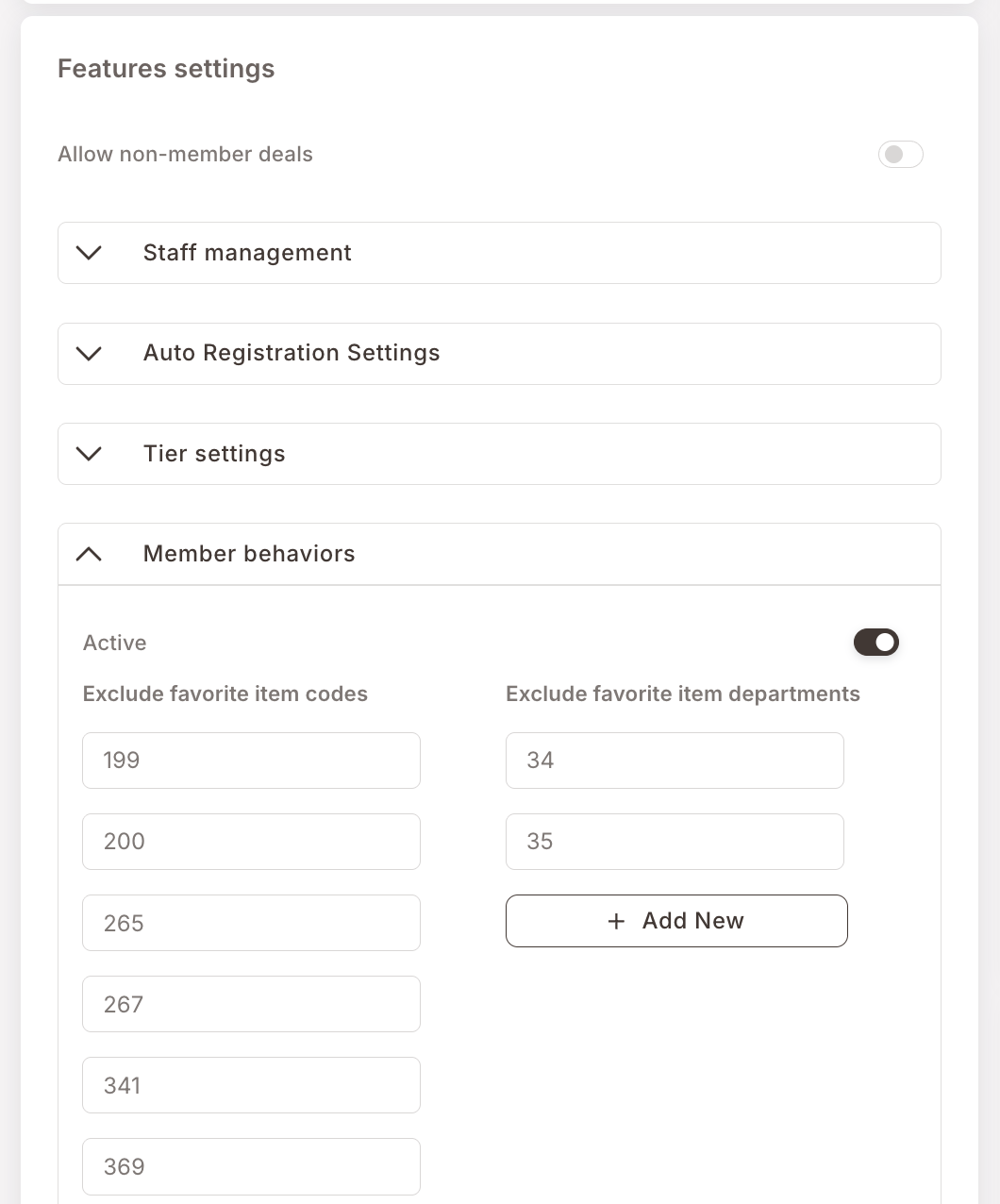 Member behaviors accordion expanded. Active toggle on. Two columns: "Exclude favorite item codes" with several numeric codes (199, 200, 265, 267, 341, 369, …) and "Exclude favorite item departments" with codes (34, 35) plus an "+ Add New" button.