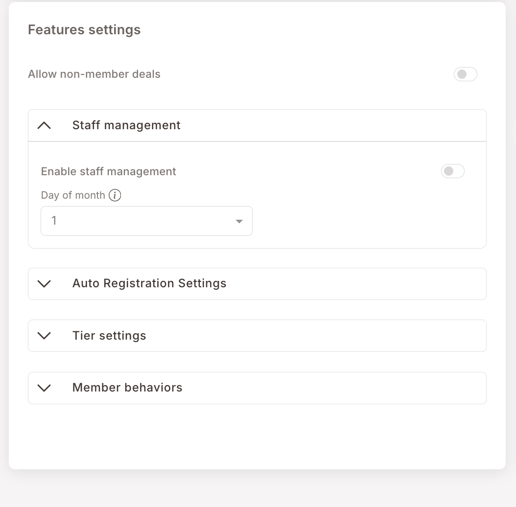 Staff management accordion expanded — Enable staff management toggle, Day of month dropdown set to "1".