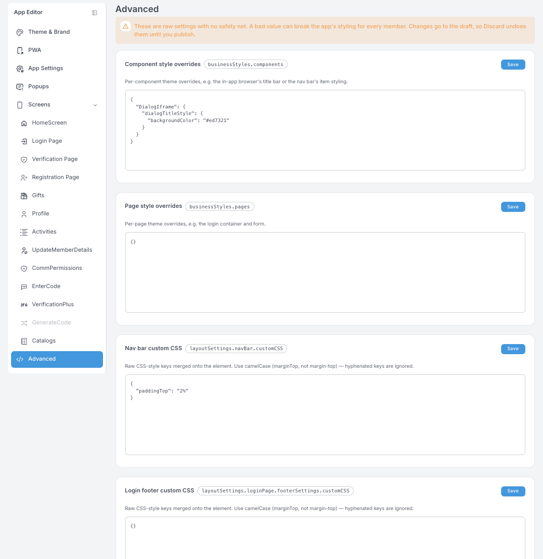 Advanced panel — four JSON boxes: component style overrides, page style overrides, nav bar custom CSS and login footer custom CSS
