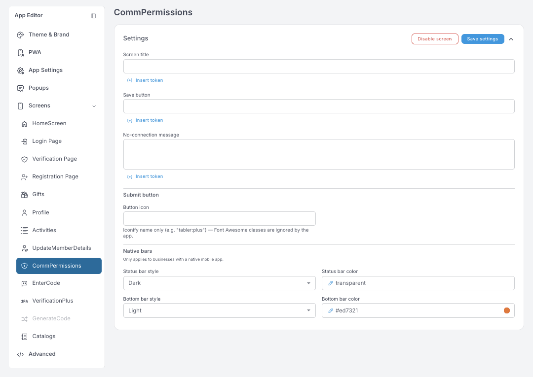 CommPermissions settings — screen title, save button, no-connection message and a submit button icon field