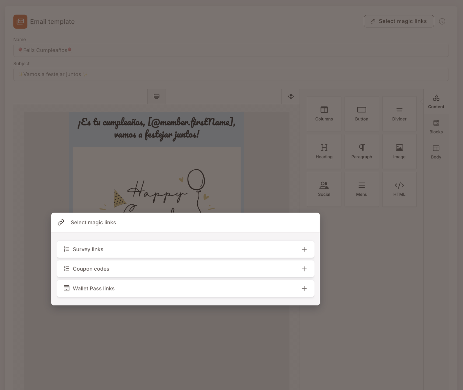 Magic links picker opened from the email template editor. Header reads "Select magic links". Three collapsible sections: Survey links, Coupon codes, Wallet Pass links — each with a + (expand) button on the right.