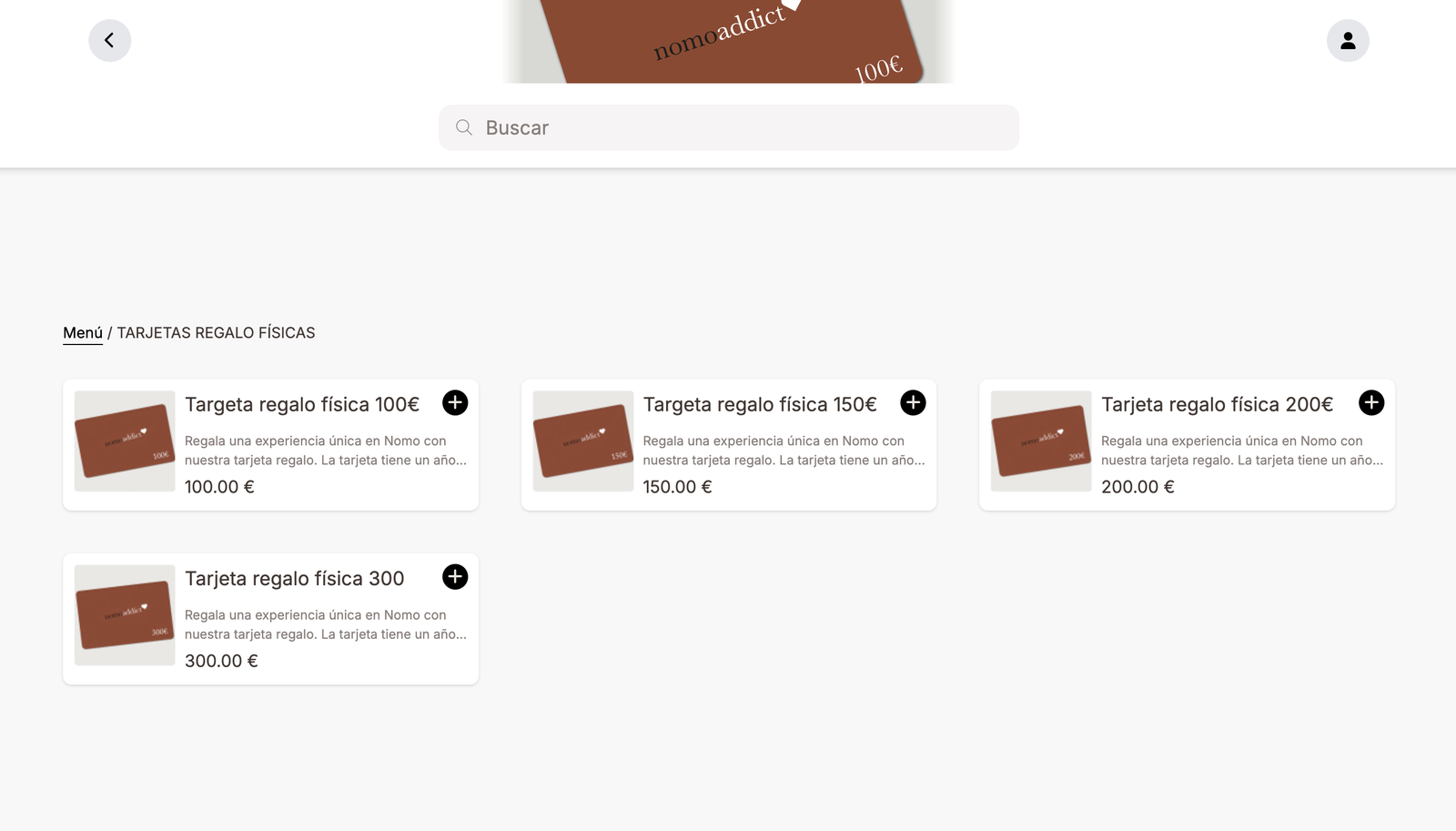 A physical-gift-cards catalog inside an online-ordering interface, showing four denominations side by side: gift card 100 €, 150 €, 200 €, 300 €. Each is a distinct product card with the price.
