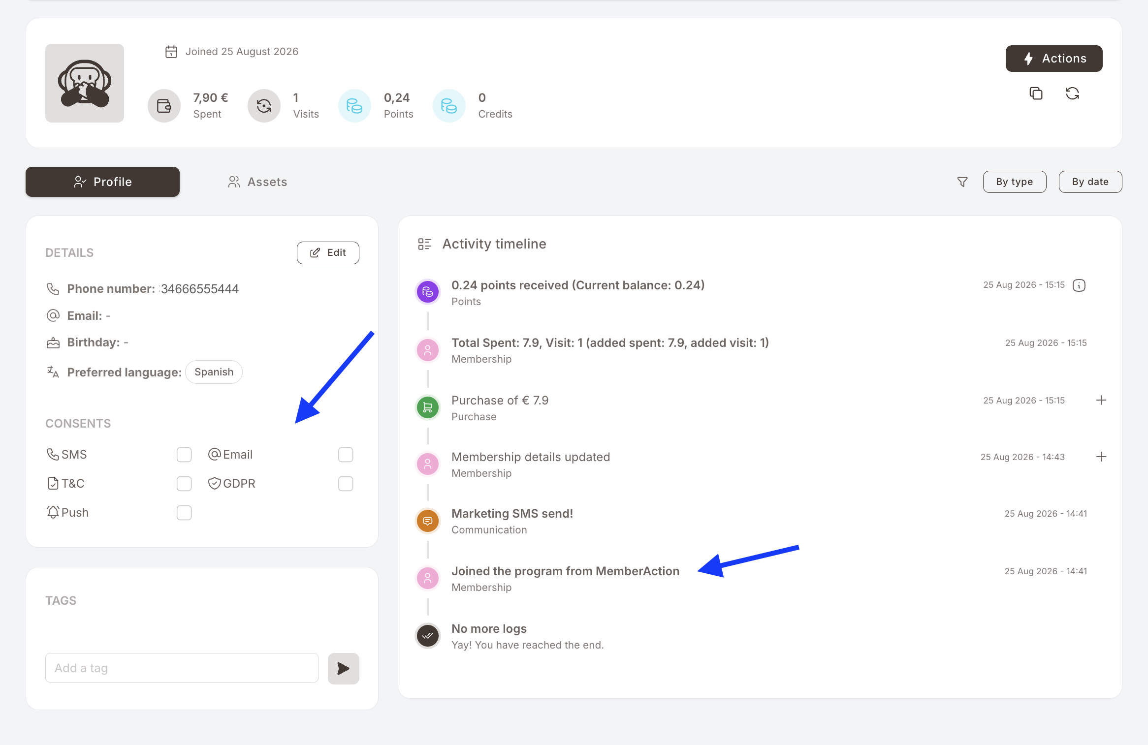 A member profile a few minutes after a quick registration from the POS. The Details panel shows only a phone number; Email and Birthday are empty dashes. All five Consents checkboxes — SMS, Email, T&amp;C, GDPR, Push — are unticked. The Tags panel is empty. The activity timeline on the right already shows, newest first: points received, a total-spent update, a purchase of €7.90, a membership details update, a "Marketing SMS send!" communication event, and at the bottom "Joined the program from MemberAction".