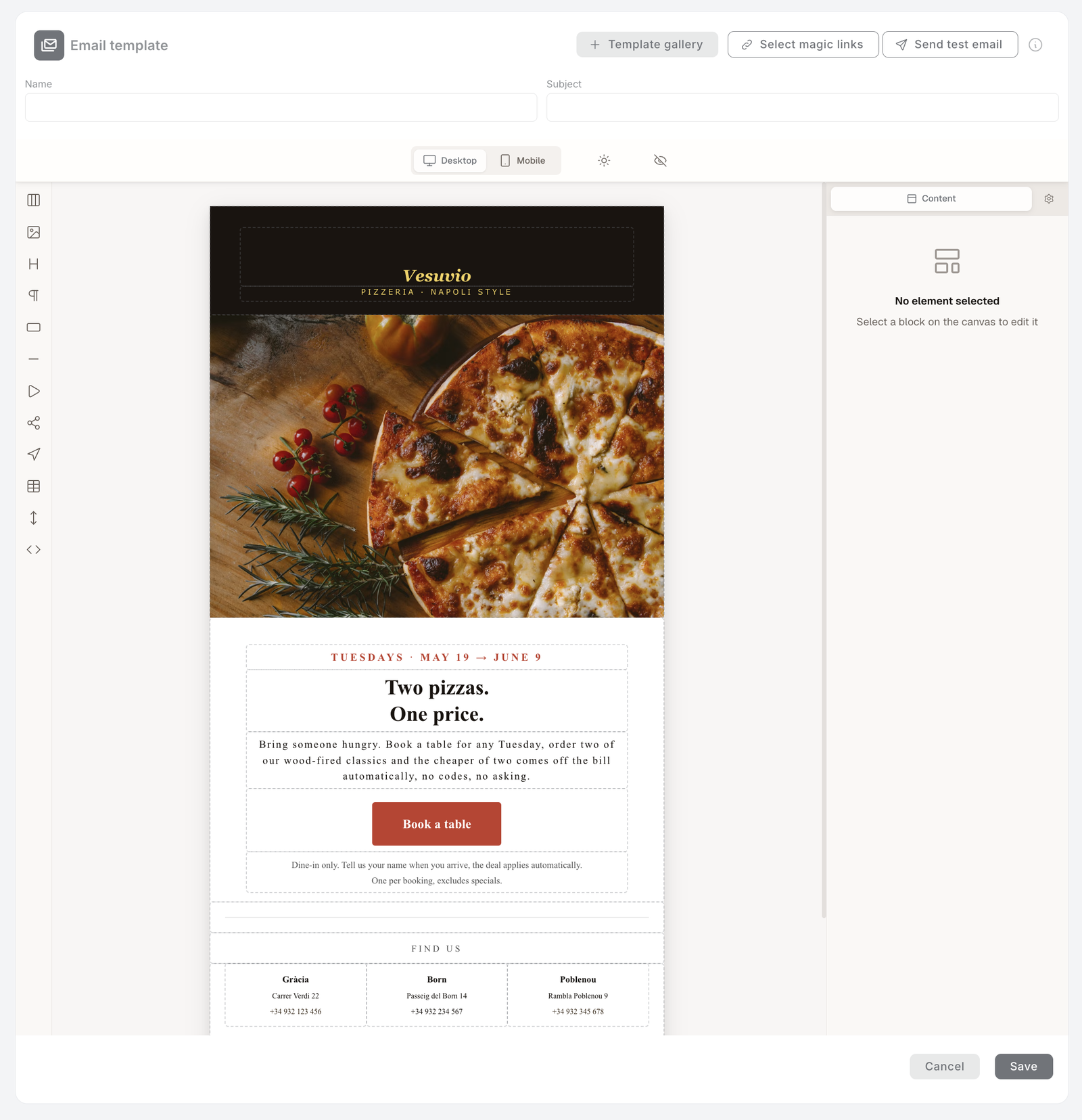 Der E-Mail-Editor. Links: die Vorlagen-Navigation. Obere Toolbar: Vorlagengalerie, Magic Links auswählen, Test-E-Mail senden, mit einem Namensfeld ("Bundle deal"), einem Betreff-Feld und Desktop/Mobile-, Dark-Mode- und Vorschau-Umschaltern. Ein vertikaler Streifen von Inhaltsblöcken verläuft links neben der Leinwand — Abschnitt, Bild, Titel, Absatz, Schaltfläche, Trenner, Video, Social, Menü, Tabelle, Abstandshalter, HTML. Die zentrale Leinwand zeigt eine Pizzeria-E-Mail; das rechte Eigenschaften-Panel sagt "Kein Element ausgewählt — Wähle einen Block auf der Leinwand, um ihn zu bearbeiten".