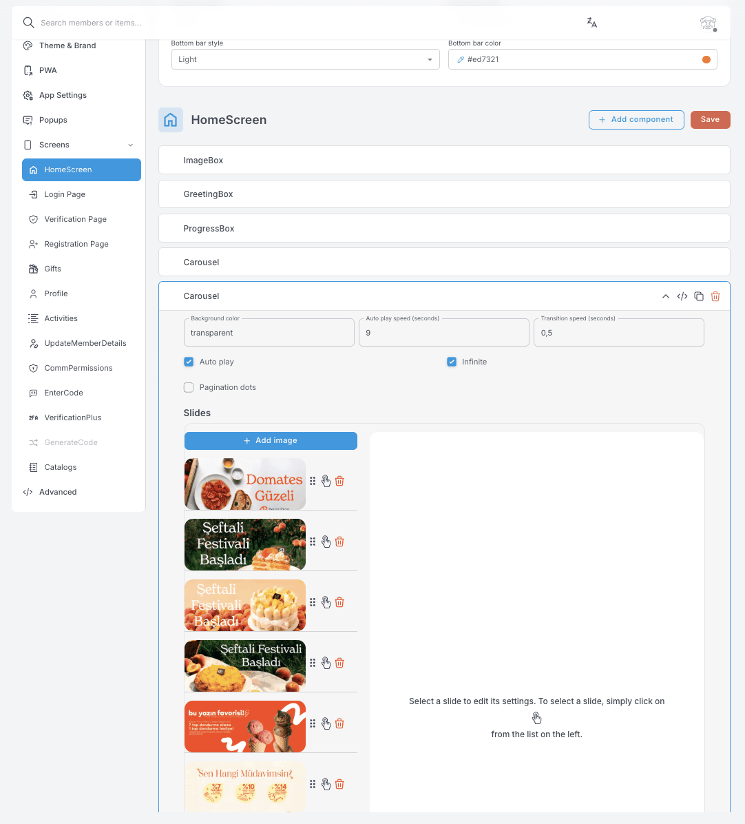 Eine aufgeklappte Carousel-Komponente — Hintergrundfarbe, Geschwindigkeit von Auto play, Transition speed, die Optionen Auto play, Infinite und Pagination dots sowie eine sortierbare Liste der Slide-Vorschaubilder