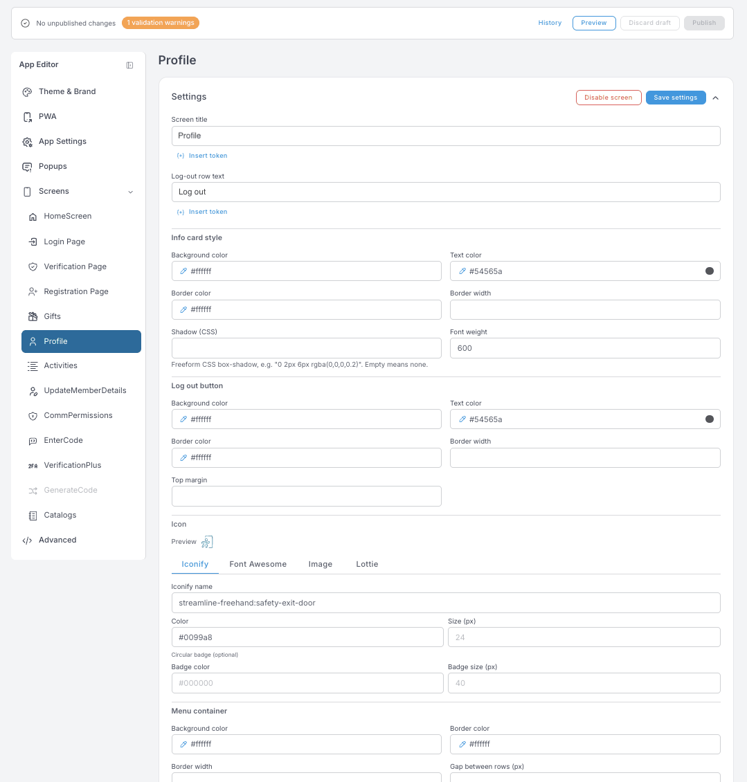Einstellungen von Profile — Screen-Titel, Text der Abmelde-Zeile, Styling von Infokarte und Abmelde-Button, ein Icon-Picker mit den Tabs Iconify / Font Awesome / Image / Lottie sowie das Styling des Menü-Containers