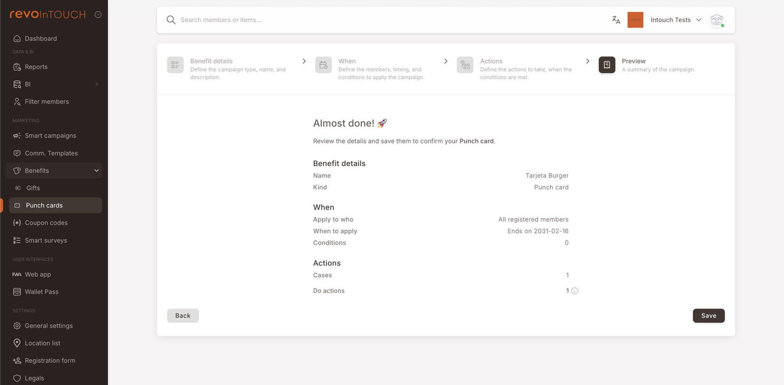 Schritt 4 — Vorschau zeigt Zusammenfassung von Tarjeta Burger: Vorteilsdetails (Name: Tarjeta Burger, Art: Stempelkarte). Wann (Auf wen anwenden: Alle registrierten Mitglieder, Wann anwenden: Endet am 16.02.2031, Bedingungen: 0). Aktionen (Fälle: 1, Aktionen ausführen: 1). Schaltfläche Speichern.