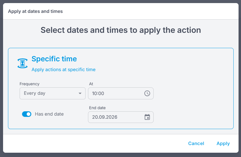 Der Picker mit Jeden Tag ausgewählt, eingeschaltetem Hat Enddatum und einem eingetragenen Enddatum
