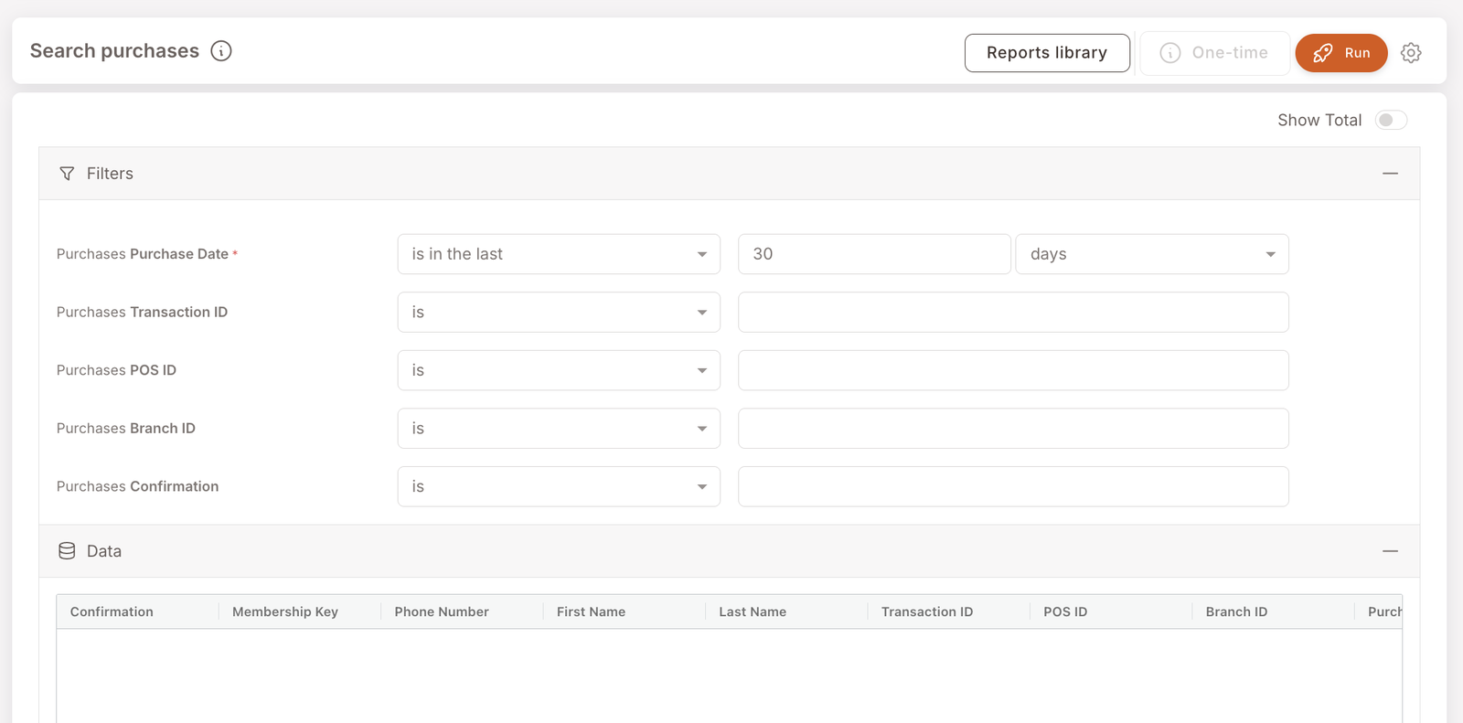 Bericht „Käufe suchen". Filter: Purchase Date in den letzten 30 Tagen (erforderlich), Transaction ID leer, POS ID leer, Branch ID leer, Confirmation leer. Sichtbare Spaltenüberschriften: Confirmation, Membership Key, Phone Number, First Name, Last Name, Transaction ID, POS ID, Branch ID, Purch... (abgeschnitten).