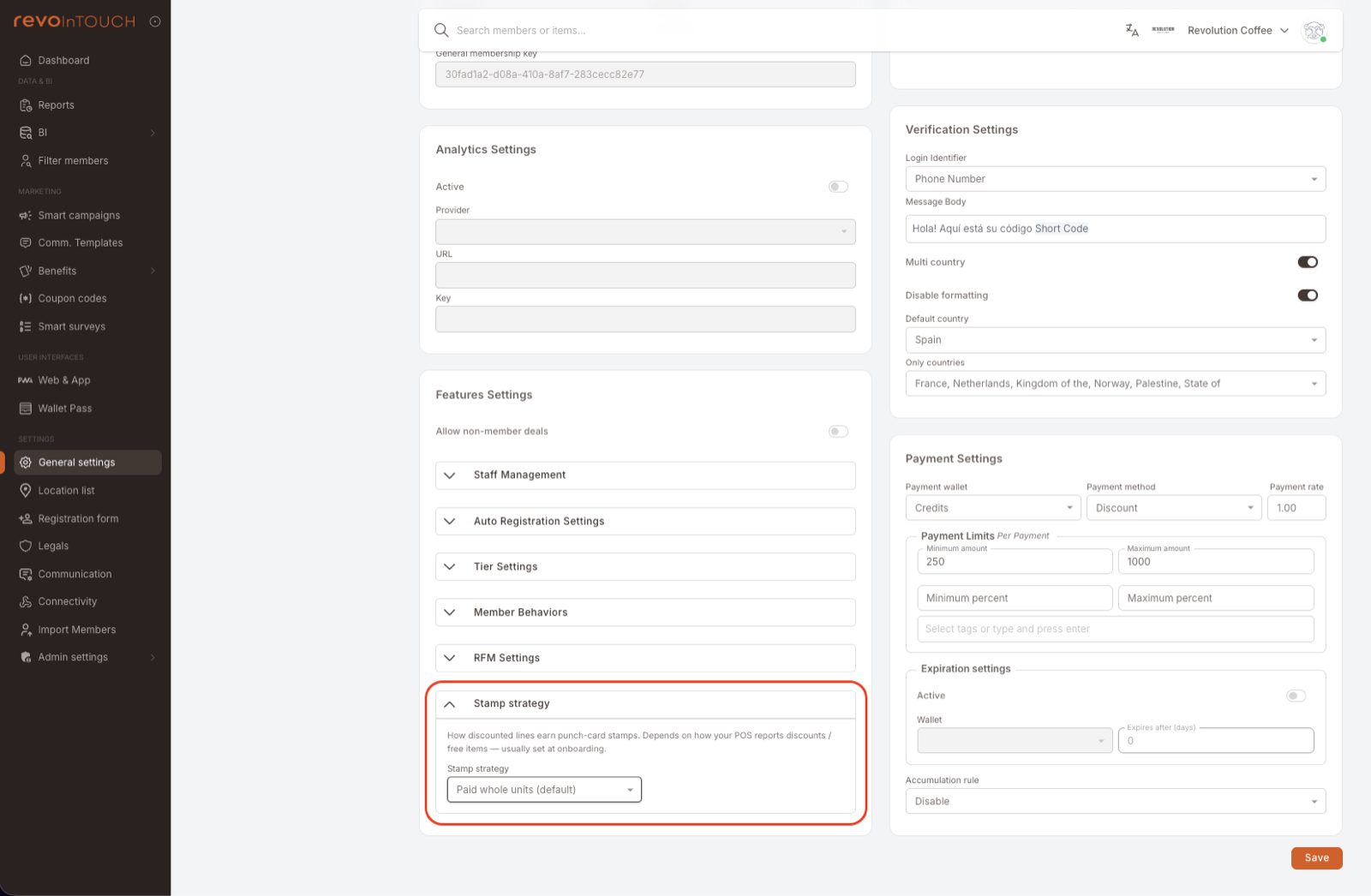 Die Seite Allgemeine Einstellungen mit dem aufgeklappten Stamp-strategy-Akkordeon am Ende der Karte Funktionseinstellungen, unterhalb von Staff Management, Auto Registration Settings, Tier Settings, Member Behaviors und RFM Settings. Zu sehen sind der Hinweistext "How discounted lines earn punch-card stamps. Depends on how your POS reports discounts / free items — usually set at onboarding." und ein Stamp-strategy-Dropdown mit "Paid whole units (default)". Der Speichern-Button sitzt unten rechts.