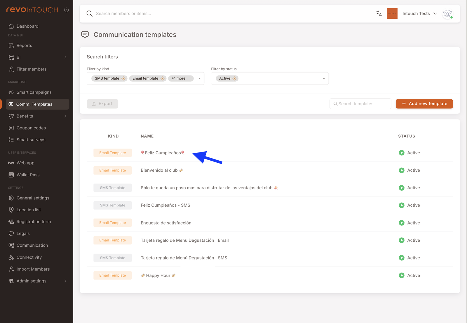 Lista de Plantillas de comunicación con las plantillas de cumpleaños "Feliz Cumpleaños" preconfiguradas — este tenant tiene tanto una versión de Email como de SMS