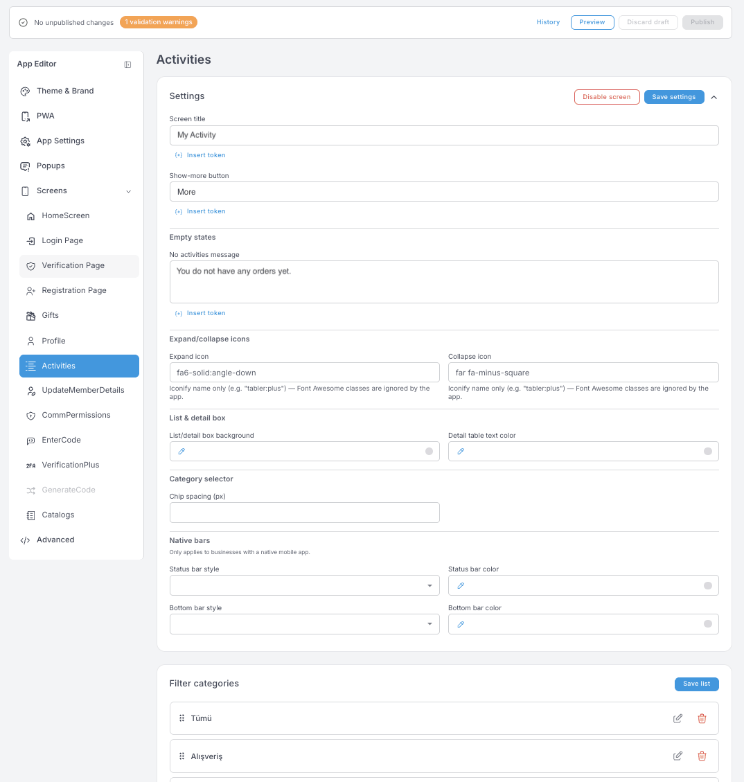 Ajustes de Activities — título de pantalla, Show-more button, estado vacío, iconos de expandir y contraer, estilo de la lista y del cuadro de detalle, y una lista de Filter categories