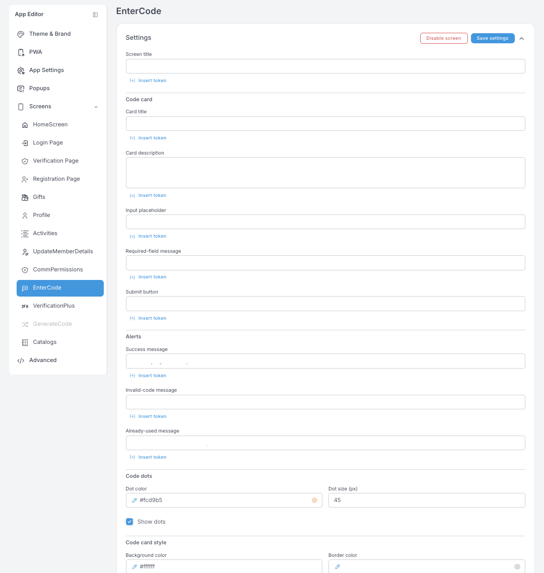 Ajustes de EnterCode — título de pantalla, título y descripción de la tarjeta de código, placeholder del campo, mensaje de campo obligatorio, botón de envío, tres mensajes de alerta y el estilo de los Code dots