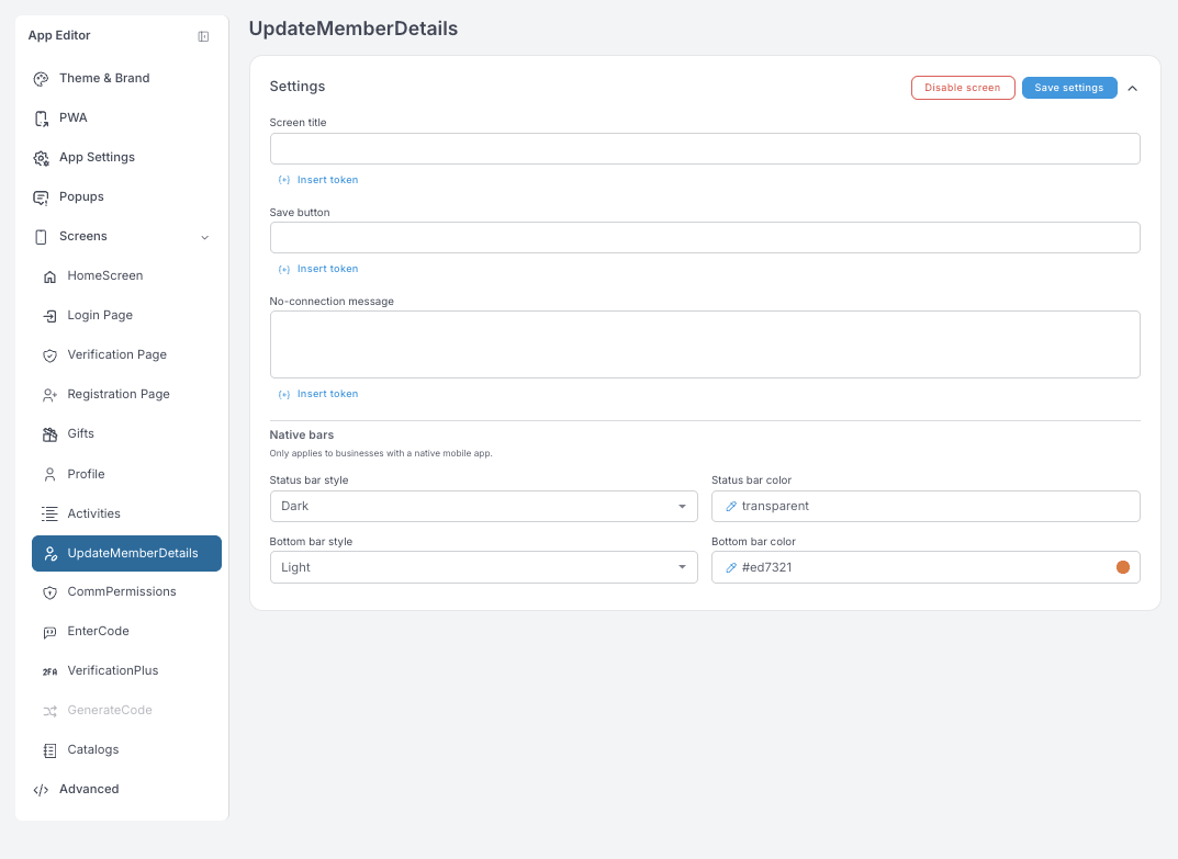 Ajustes de UpdateMemberDetails — título de pantalla, botón de guardar, mensaje No-connection y Native bars