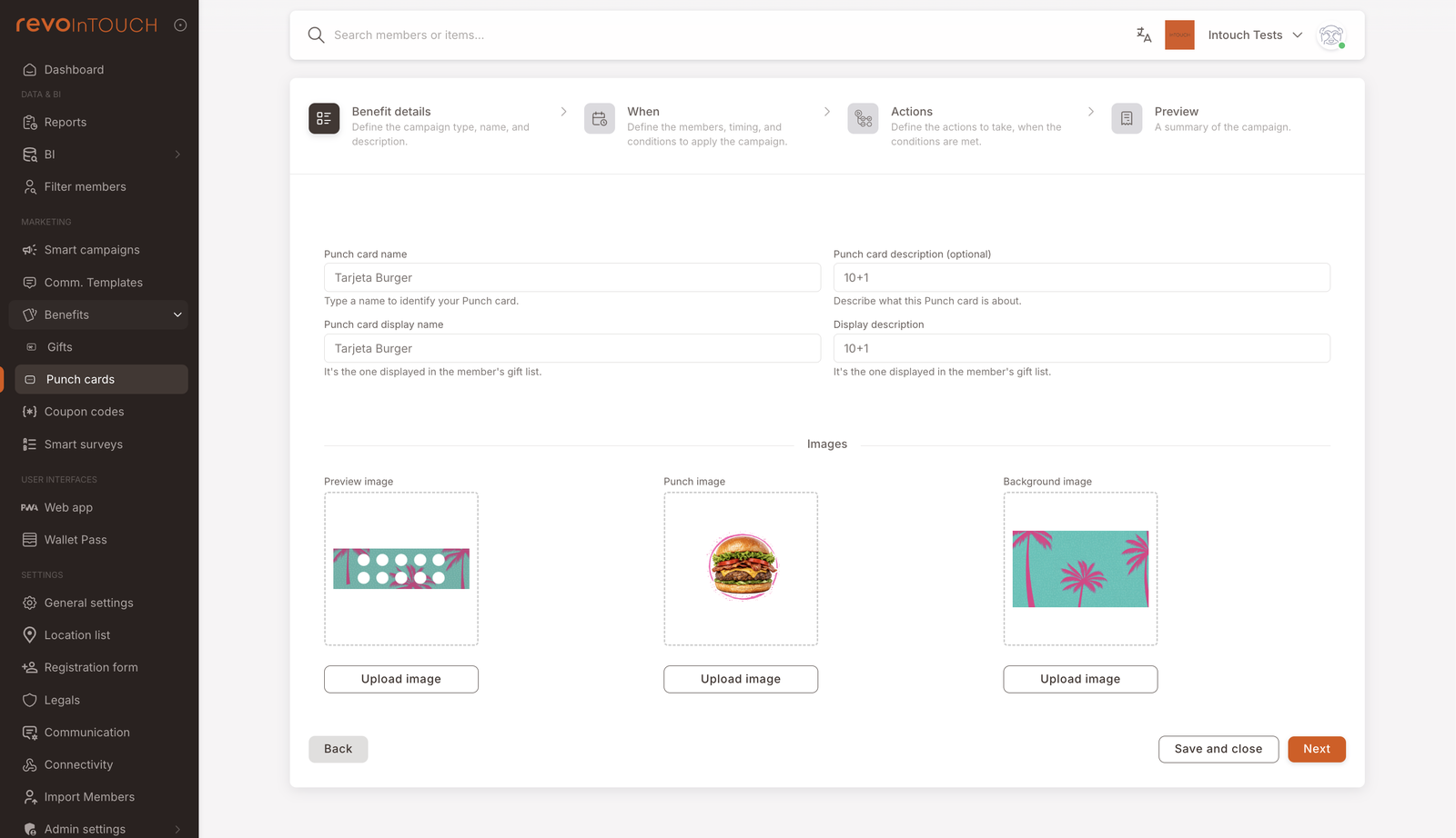 Paso 1 — Detalles del beneficio para una Tarjeta perforada llamada "Tarjeta Burger". Nombre visible de la tarjeta "10+1", Descripción visible "10+1". Tres huecos de subida de imagen lado a lado: Imagen de vista previa (una tarjeta turquesa con 10 círculos blancos vacíos en cuadrícula), Imagen de sello (una ilustración de hamburguesa), Imagen de fondo (patrón tropical turquesa/naranja). Botones Atrás / Guardar y cerrar / Siguiente.