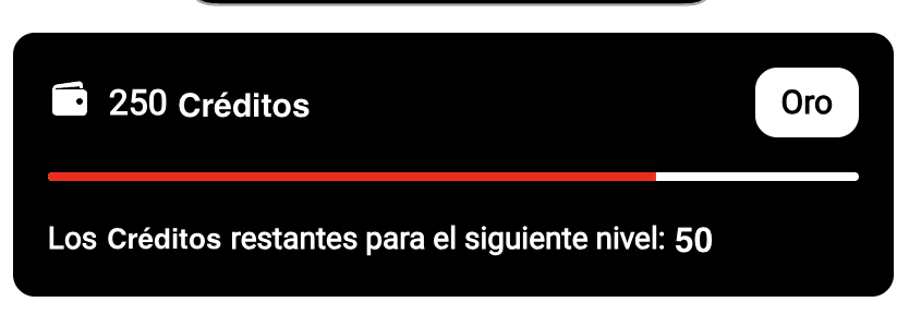 Widget de barra de progreso de niveles renderizado para un miembro. Icono de cartera más "250 Créditos" a la izquierda, insignia del nivel "Oro" a la derecha, una barra de relleno roja al aproximadamente 80%, y debajo de la barra: "Los Créditos restantes para el siguiente nivel: 50".