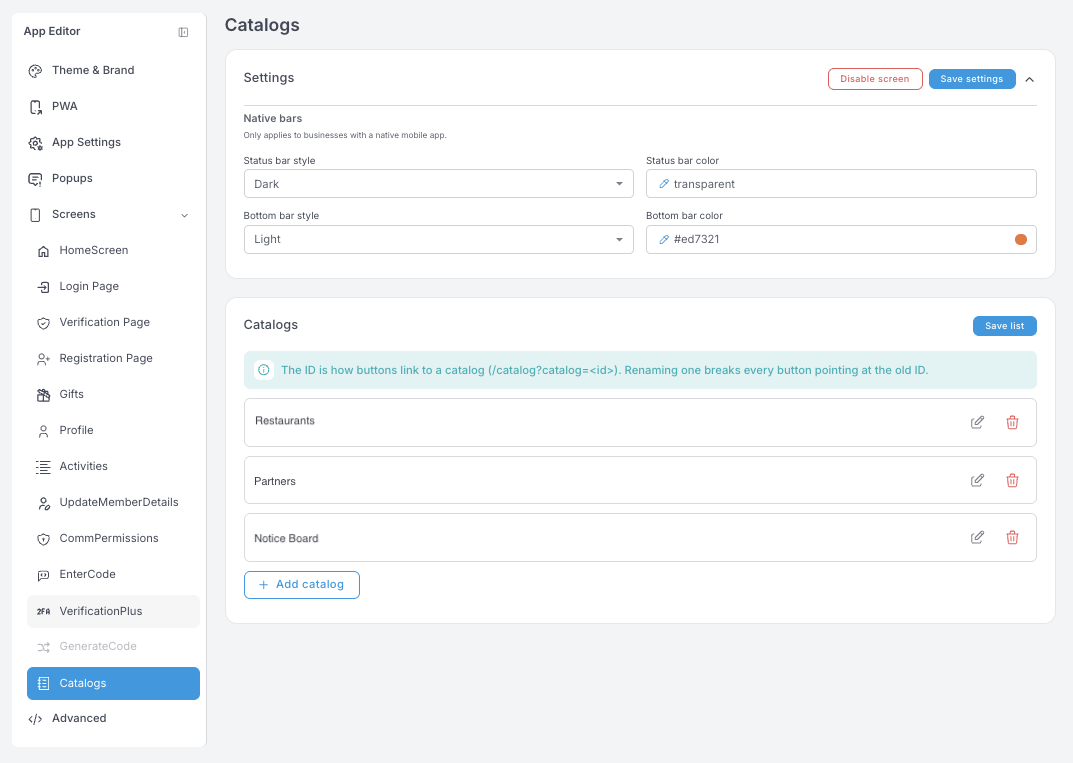Catalogs ayarları — Native bars ve Restaurants, Partners ve Notice Board içeren bir Catalogs listesi