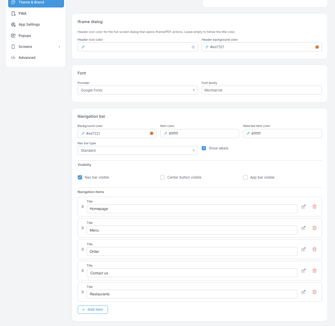 Navigation bar bloğu — arka plan, öğe ve seçili öğe renkleri, Nav bar type, Show labels, üç Visibility onay kutusu ve yeniden sıralanabilir bir Navigation items listesi