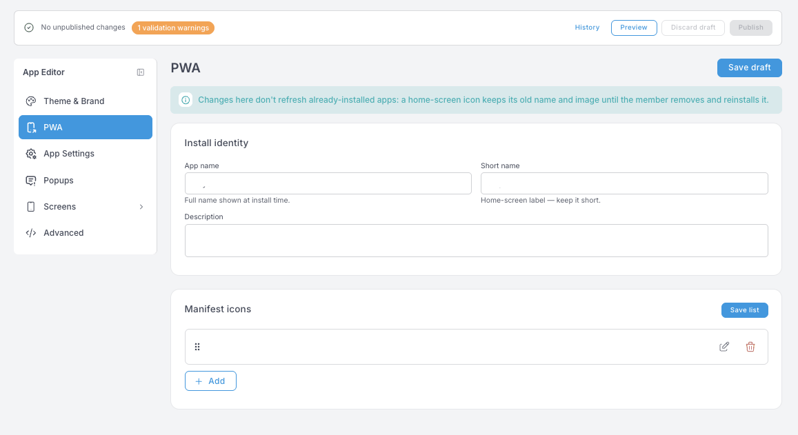 PWA paneli — App name, Short name ve Description alanlarını içeren Install identity ve ayrıca bir Manifest icons listesi