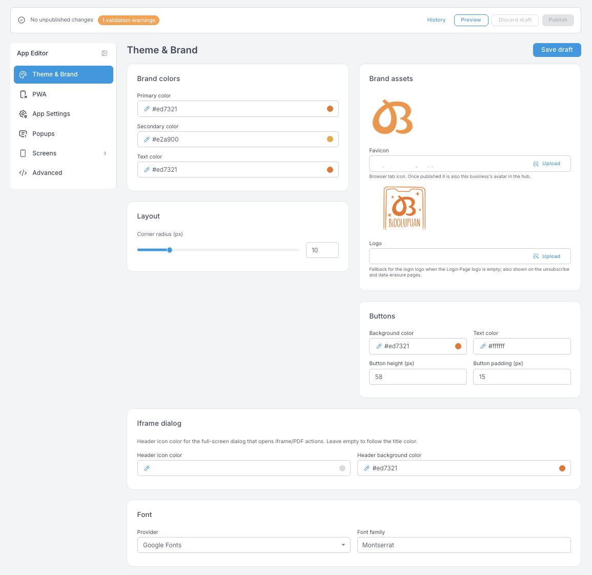 Theme &amp; Brand paneli — Brand colors (birincil, ikincil, metin), Corner radius kaydırıcısıyla Layout, Favicon ve Logo yüklemeleriyle Brand assets, Buttons, Iframe dialog ve Font blokları