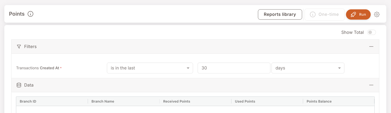 Puanlar raporu. Filtre: Transactions Created At is in the last 30 days. Görünür veri tablosu başlıkları: Branch ID, Branch Name, Received Points, Used Points, Points Balance. Bu ekran görüntüsünde veri alanı boş — program ya puan vermiyor ya da dönemde puan etkinliği gerçekleşmemiş.